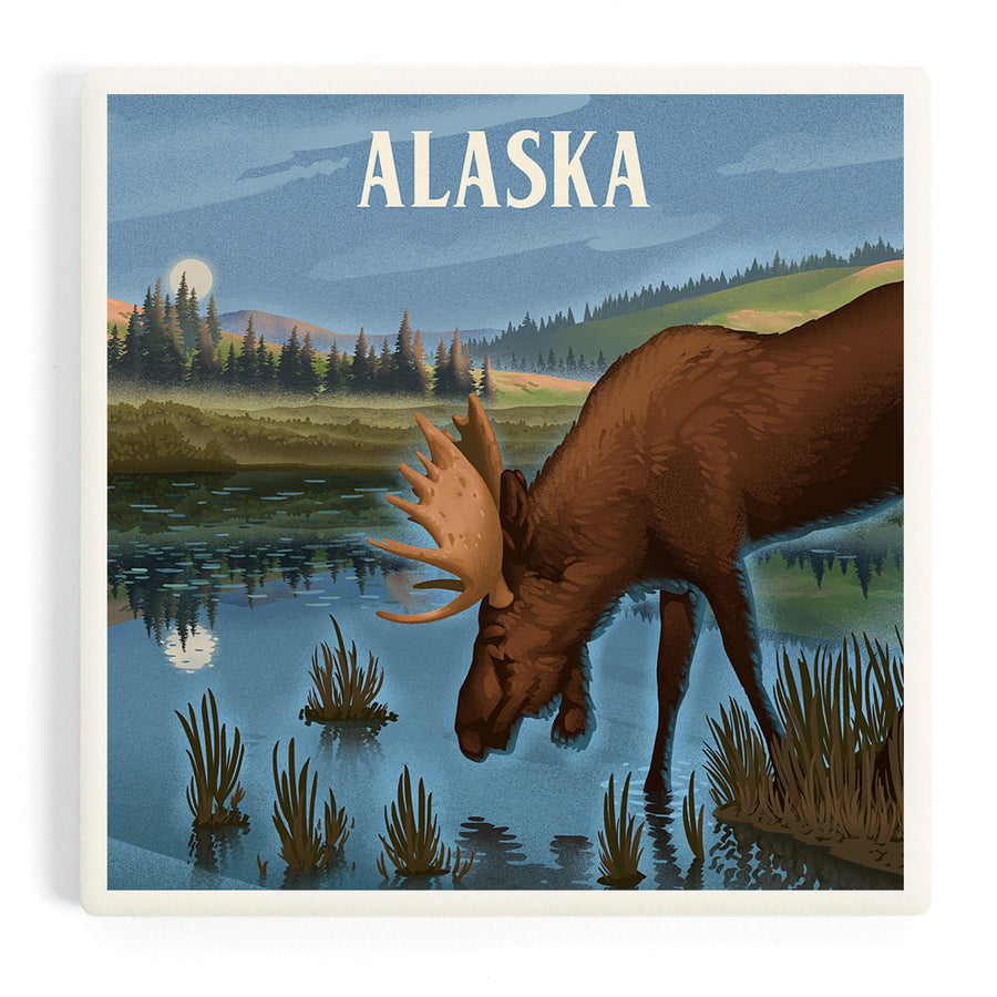 Alaska, Lithograph, Reflection Pond and Bull Moose, Coasters Coasters Lantern Press 