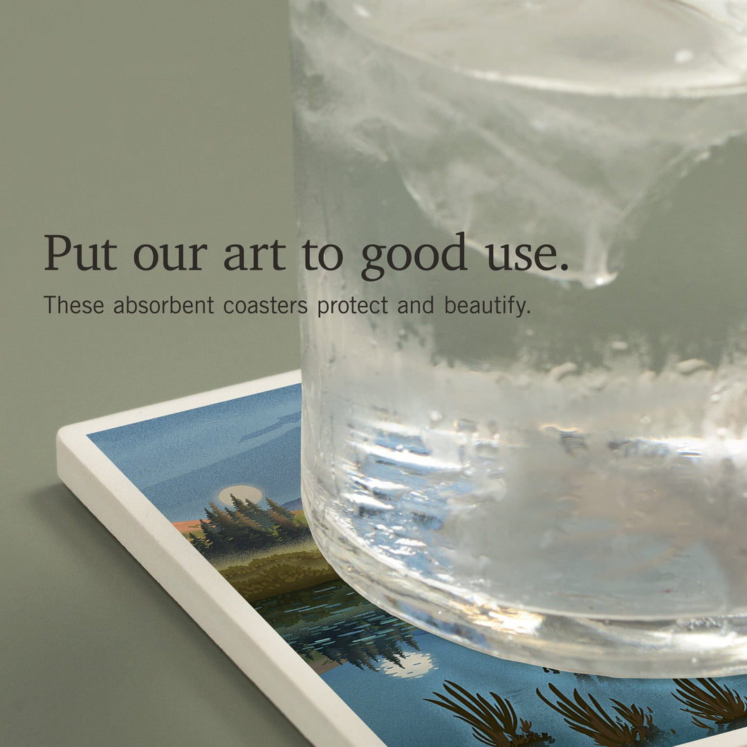 Alaska, Lithograph, Reflection Pond and Bull Moose, Coasters Coasters Lantern Press 