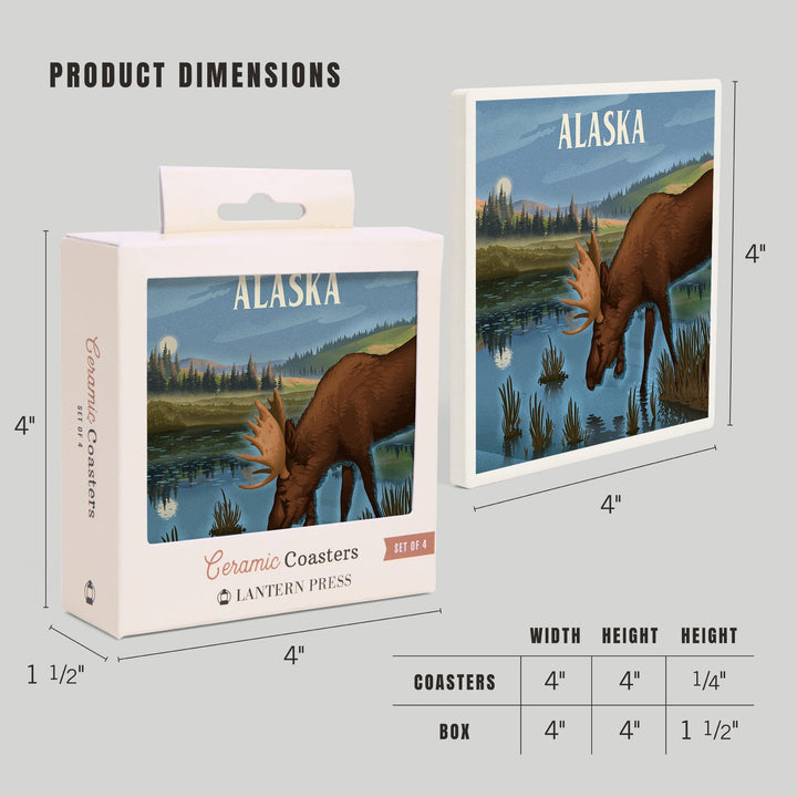 Alaska, Lithograph, Reflection Pond and Bull Moose, Coasters Coasters Lantern Press 