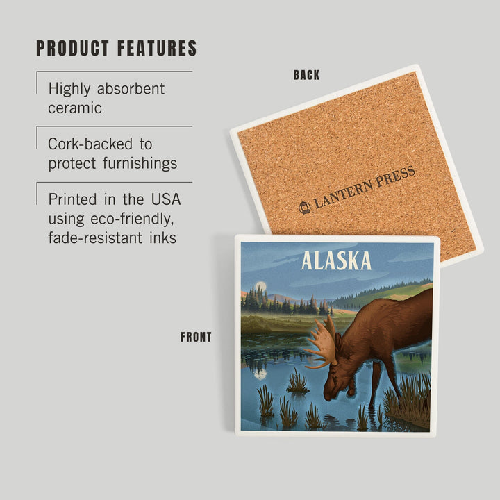 Alaska, Lithograph, Reflection Pond and Bull Moose, Coasters Coasters Lantern Press 