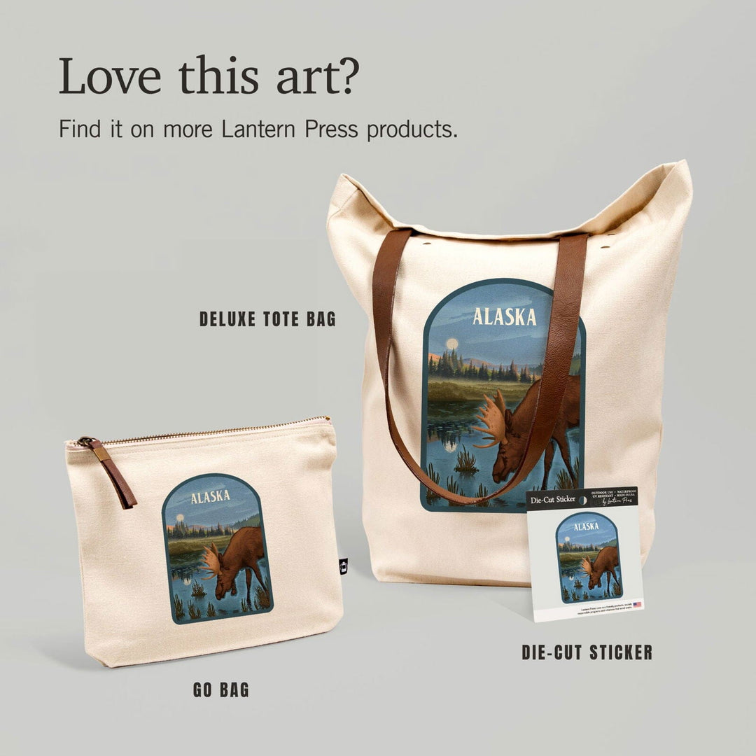 Alaska, Lithograph, Reflection Pond and Bull Moose, Contour, Vinyl Sticker Sticker Lantern Press 