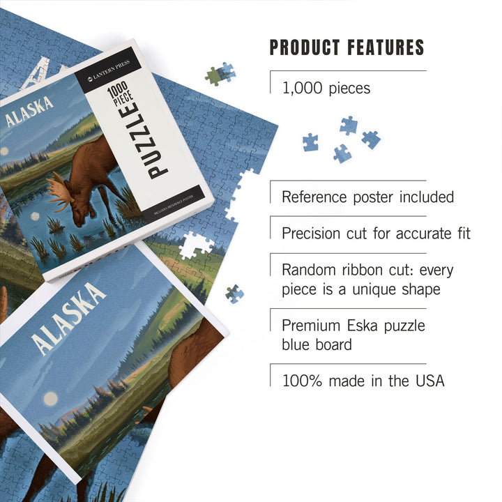 Alaska, Lithograph, Reflection Pond and Bull Moose, Jigsaw Puzzle Puzzle Lantern Press 