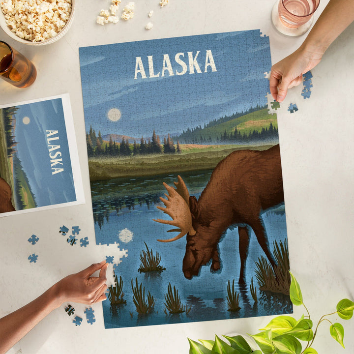 Alaska, Lithograph, Reflection Pond and Bull Moose, Jigsaw Puzzle Puzzle Lantern Press 