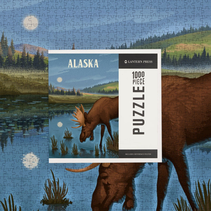 Alaska, Lithograph, Reflection Pond and Bull Moose, Jigsaw Puzzle Puzzle Lantern Press 