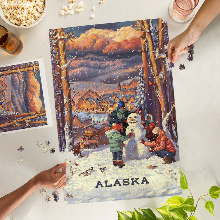 Alaska, Merry and Bright, Vintage Snowman, Jigsaw Puzzle Puzzle Lantern Press 
