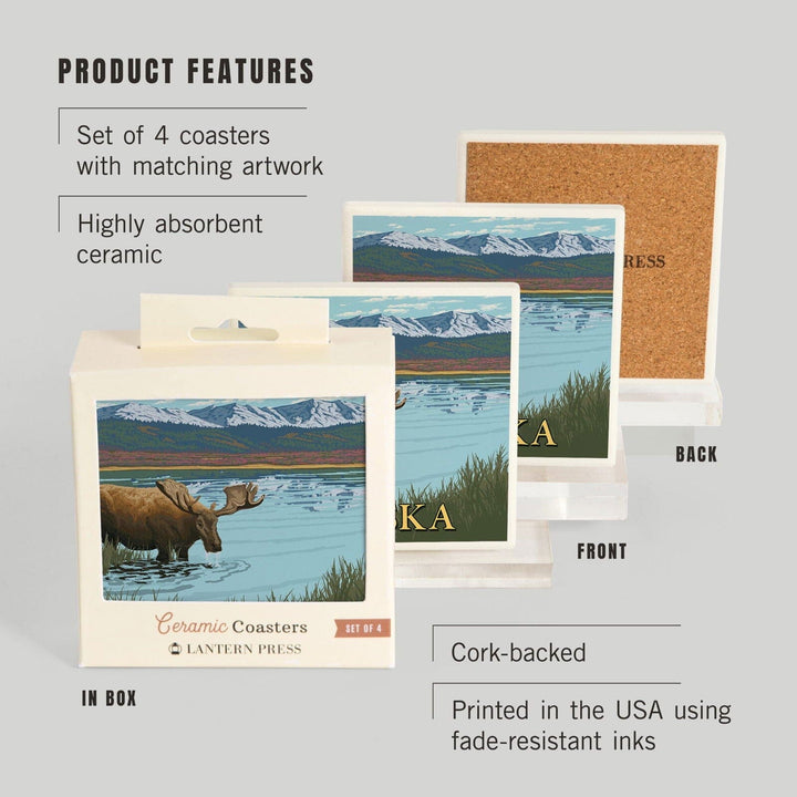 Alaska, Moose in Water, Lantern Press Artwork, Coaster Set Coasters Lantern Press 