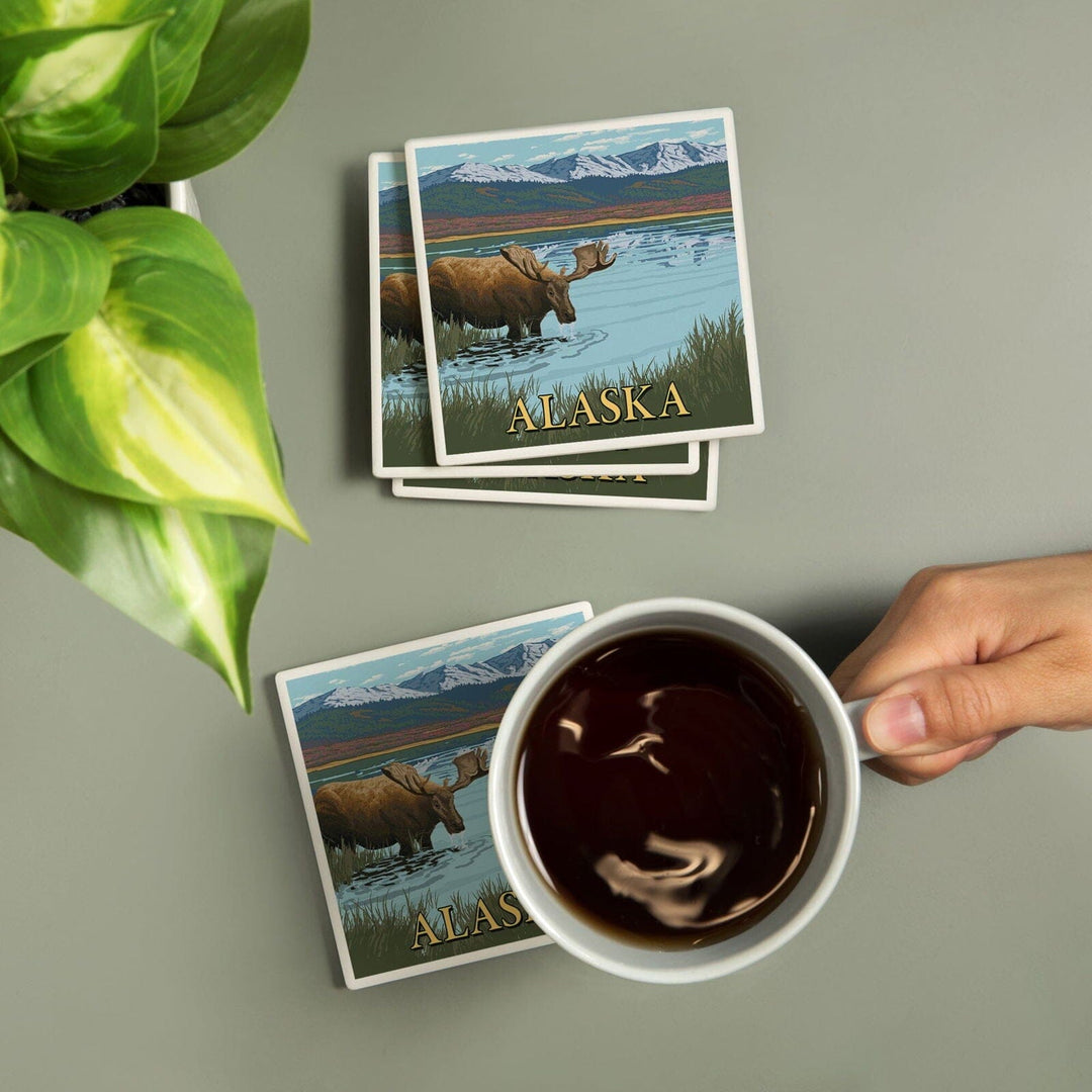 Alaska, Moose in Water, Lantern Press Artwork, Coaster Set Coasters Lantern Press 