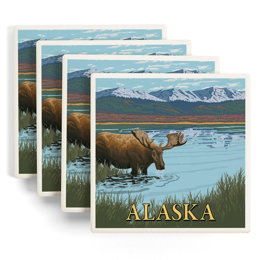 Alaska, Moose in Water, Lantern Press Artwork, Coaster Set Coasters Lantern Press 