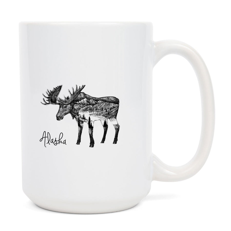 Alaska, Moose & Mountains, Double Exposure, Lantern Press Artwork, Ceramic Mug Mugs Lantern Press 