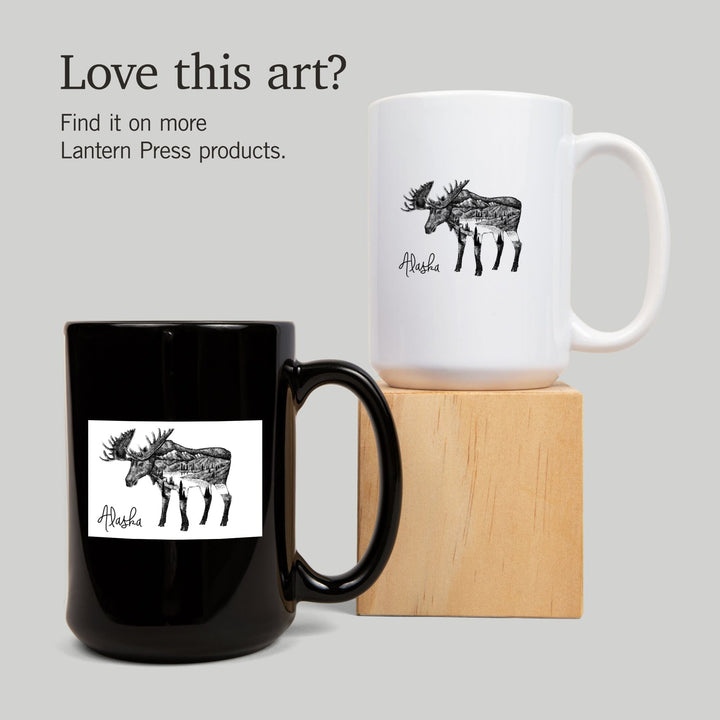 Alaska, Moose & Mountains, Double Exposure, Lantern Press Artwork, Ceramic Mug Mugs Lantern Press 