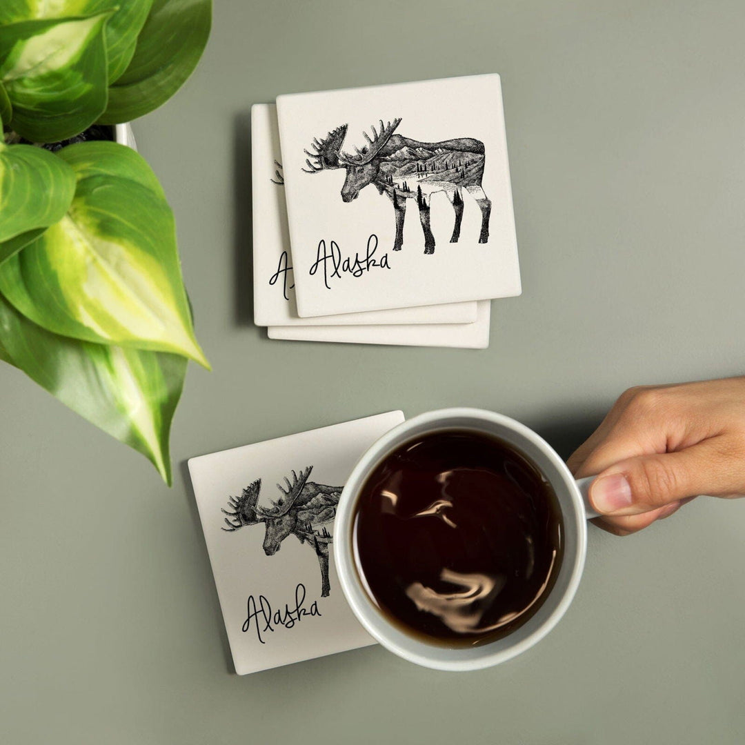 Alaska, Moose & Mountains, Double Exposure, Lantern Press Artwork, Coaster Set Coasters Lantern Press 