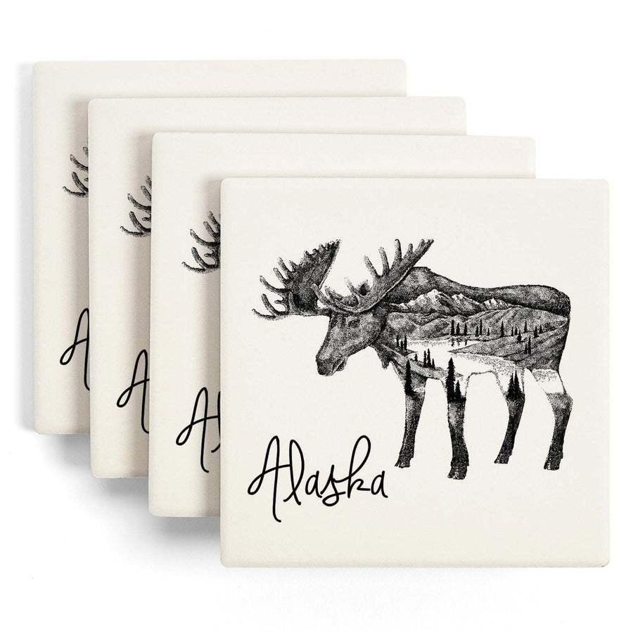 Alaska, Moose & Mountains, Double Exposure, Lantern Press Artwork, Coaster Set Coasters Lantern Press 