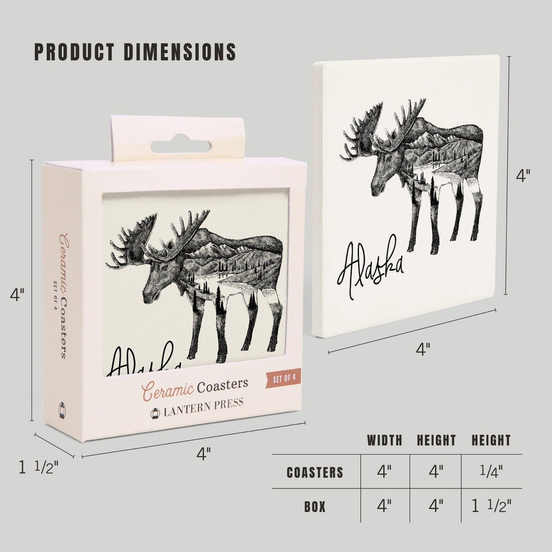 Alaska, Moose & Mountains, Double Exposure, Lantern Press Artwork, Coaster Set Coasters Lantern Press 