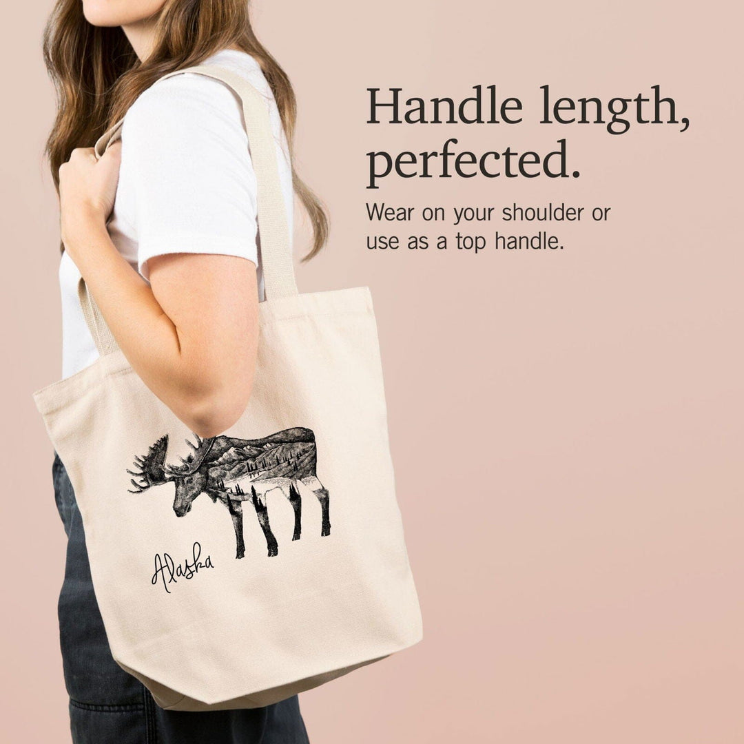 Alaska, Moose & Mountains, Double Exposure, Lantern Press Artwork, Tote Bag Totes Lantern Press 