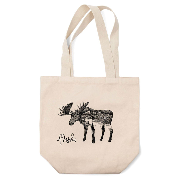 Alaska, Moose & Mountains, Double Exposure, Lantern Press Artwork, Tote Bag Totes Lantern Press 