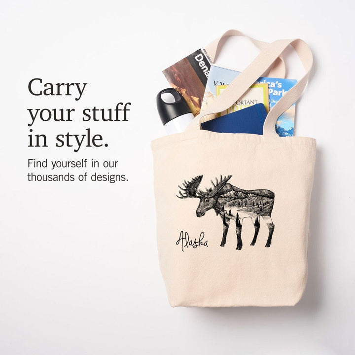 Alaska, Moose & Mountains, Double Exposure, Lantern Press Artwork, Tote Bag Totes Lantern Press 