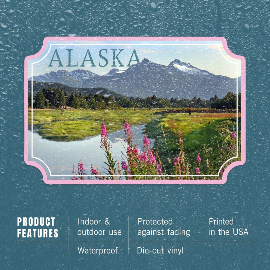 Alaska, Mountain Wilderness and Fireweed, Contour, Vinyl Sticker Sticker Lantern Press 