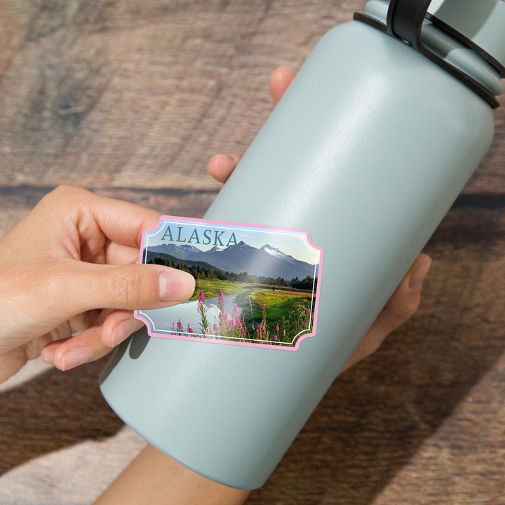 Alaska, Mountain Wilderness and Fireweed, Contour, Vinyl Sticker Sticker Lantern Press 