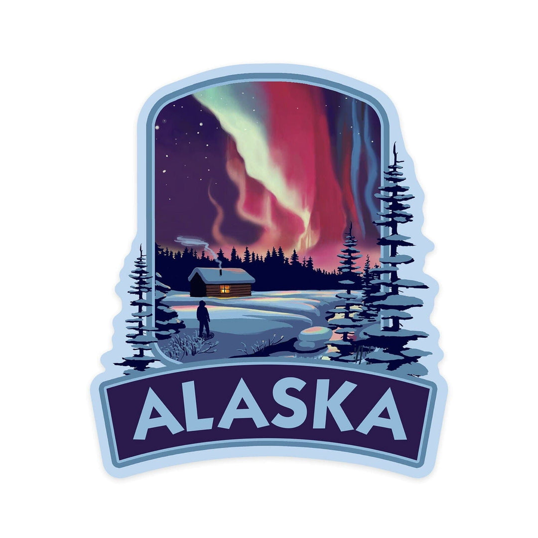 Alaska, Northern Lights and Cabin, Contour, Vinyl Sticker Sticker Lantern Press 