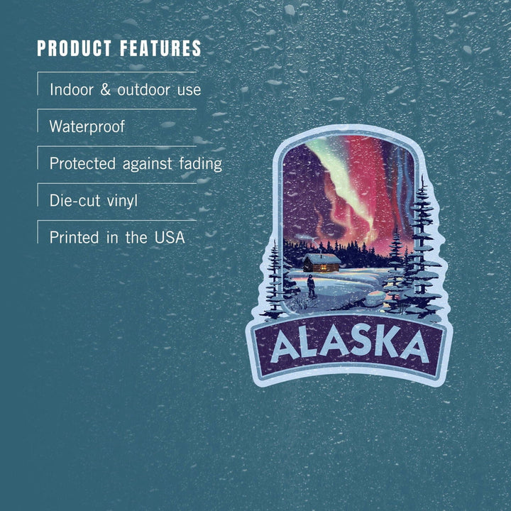 Alaska, Northern Lights and Cabin, Contour, Vinyl Sticker Sticker Lantern Press 