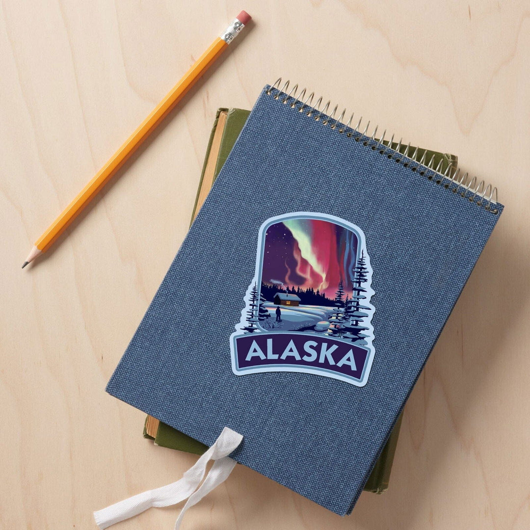 Alaska, Northern Lights and Cabin, Contour, Vinyl Sticker Sticker Lantern Press 