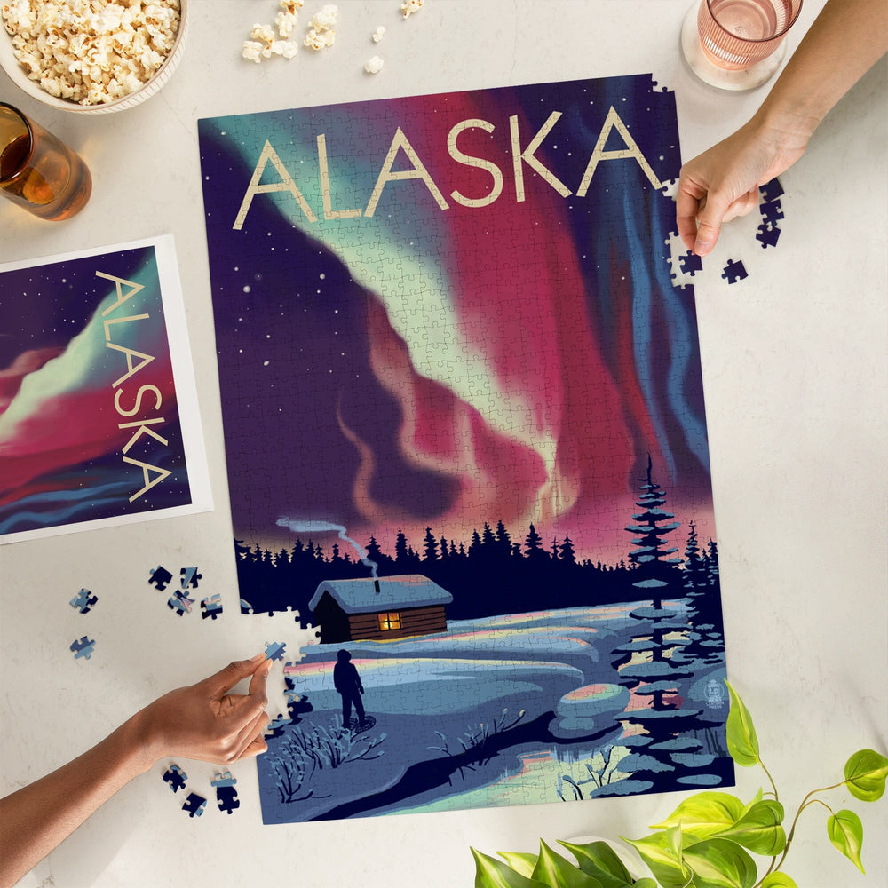 Alaska, Northern Lights and Cabin, Jigsaw Puzzle Puzzle Lantern Press 