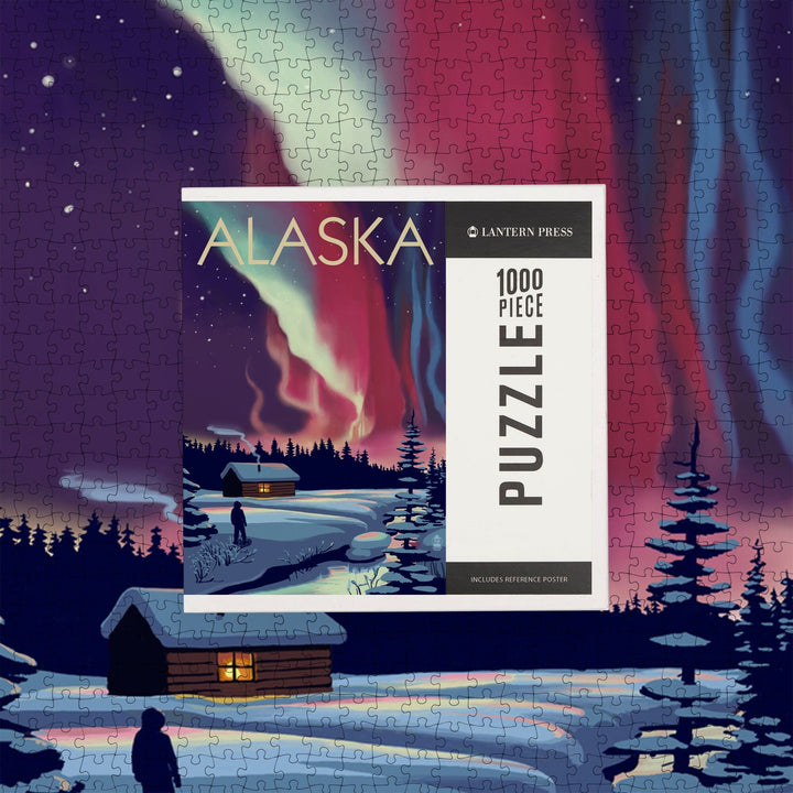 Alaska, Northern Lights and Cabin, Jigsaw Puzzle Puzzle Lantern Press 