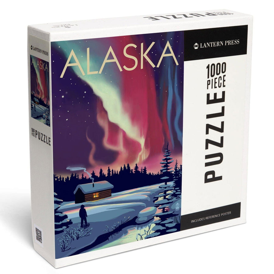 Alaska, Northern Lights and Cabin, Jigsaw Puzzle Puzzle Lantern Press 