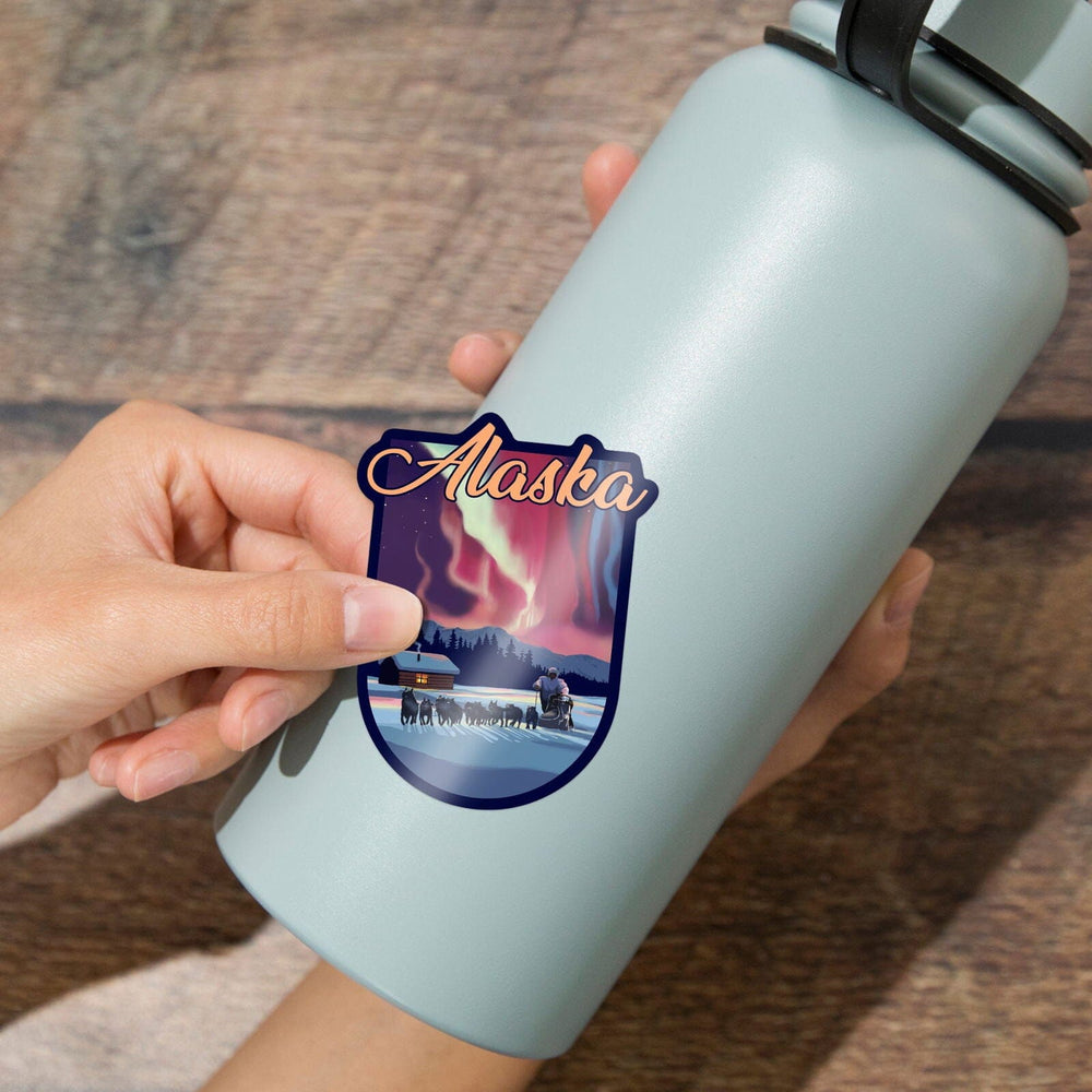 Alaska, Northern Lights and Dogsled, Contour, Vinyl Sticker Sticker Lantern Press 
