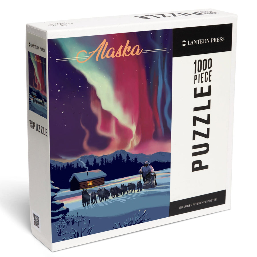 Alaska, Northern Lights and Dogsled, Jigsaw Puzzle Puzzle Lantern Press 