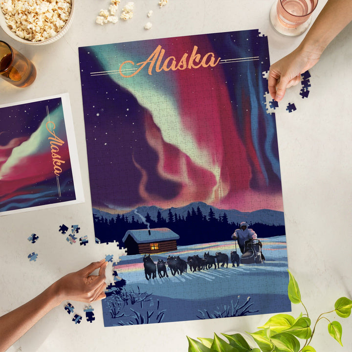 Alaska, Northern Lights and Dogsled, Jigsaw Puzzle Puzzle Lantern Press 