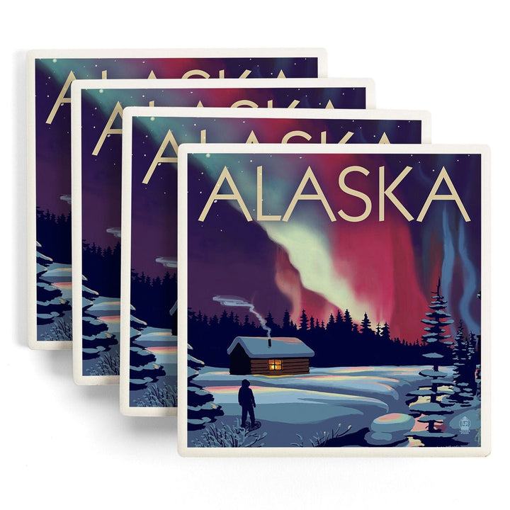 Alaska, Northern Lights & Cabin, Lantern Press Artwork, Coaster Set Coasters Lantern Press 