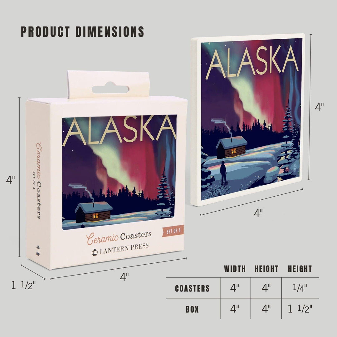 Alaska, Northern Lights & Cabin, Lantern Press Artwork, Coaster Set Coasters Lantern Press 