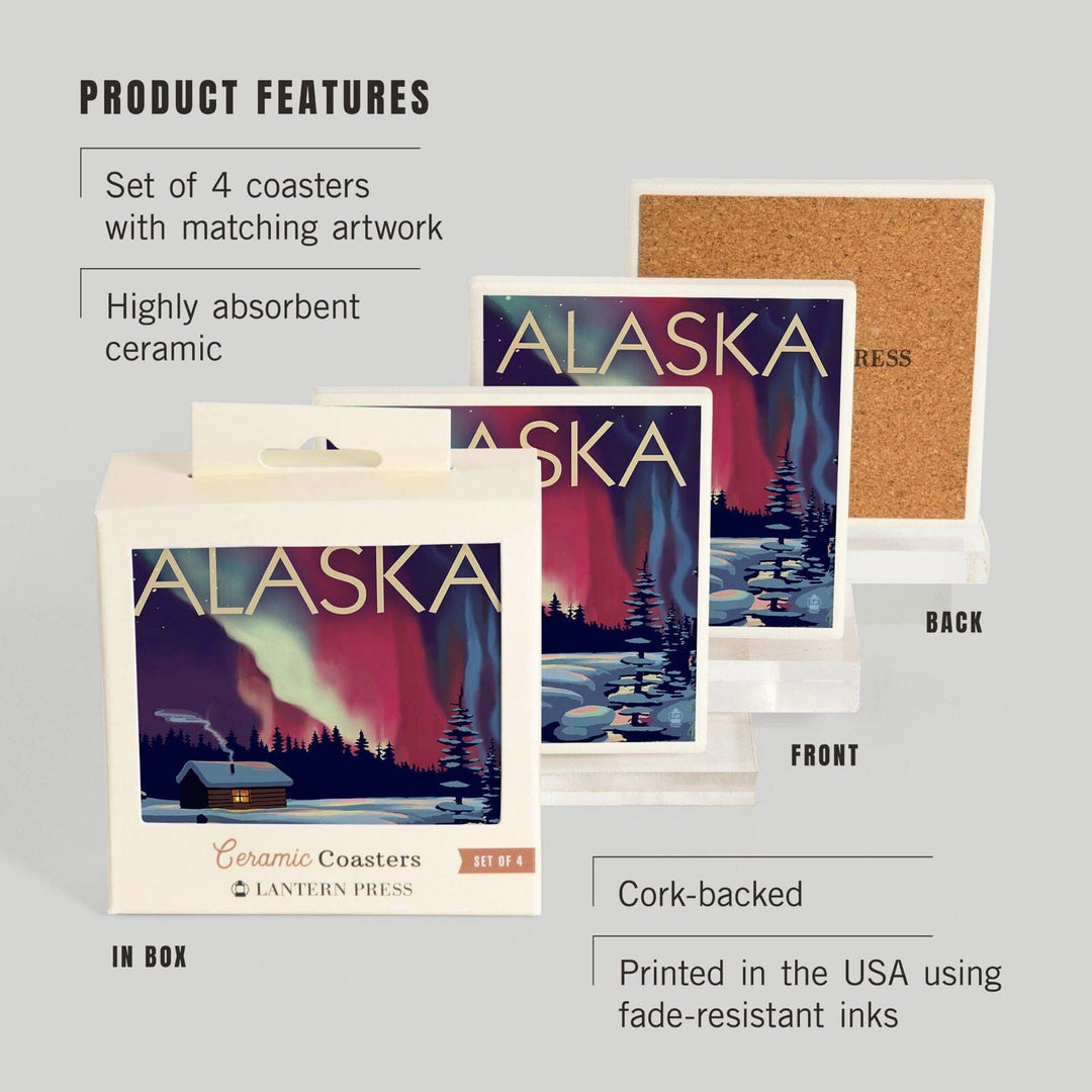 Alaska, Northern Lights & Cabin, Lantern Press Artwork, Coaster Set Coasters Lantern Press 