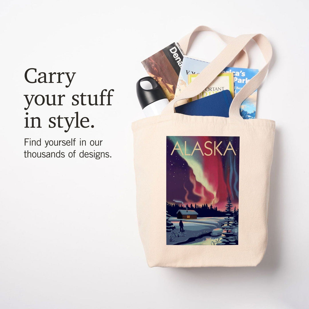 Alaska, Northern Lights & Cabin, Lantern Press Artwork, Tote Bag Totes Lantern Press 