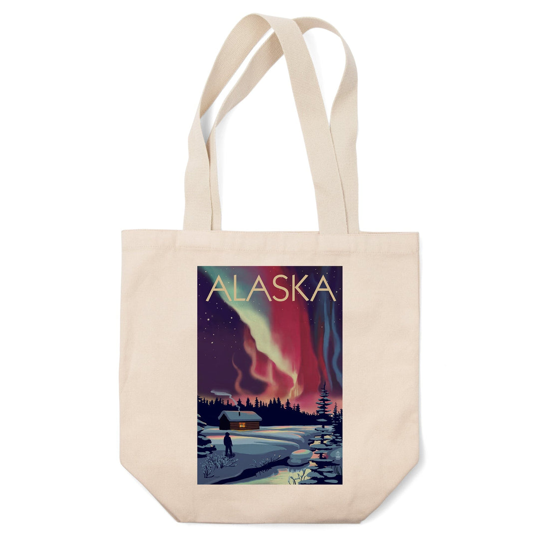 Alaska, Northern Lights & Cabin, Lantern Press Artwork, Tote Bag Totes Lantern Press 