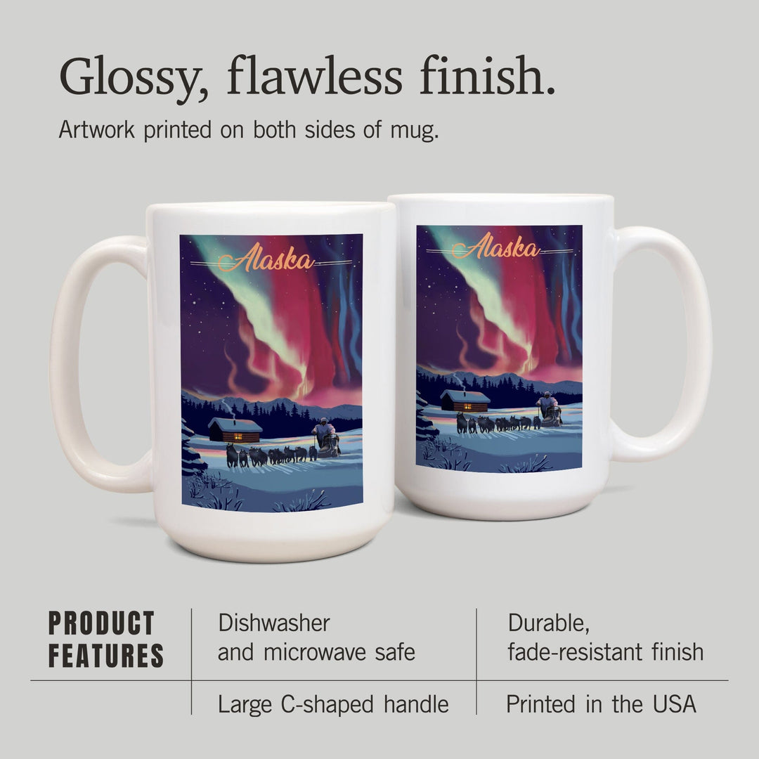 Alaska, Northern Lights & Dogsled, Lantern Press Artwork, Ceramic Mug Mugs Lantern Press 