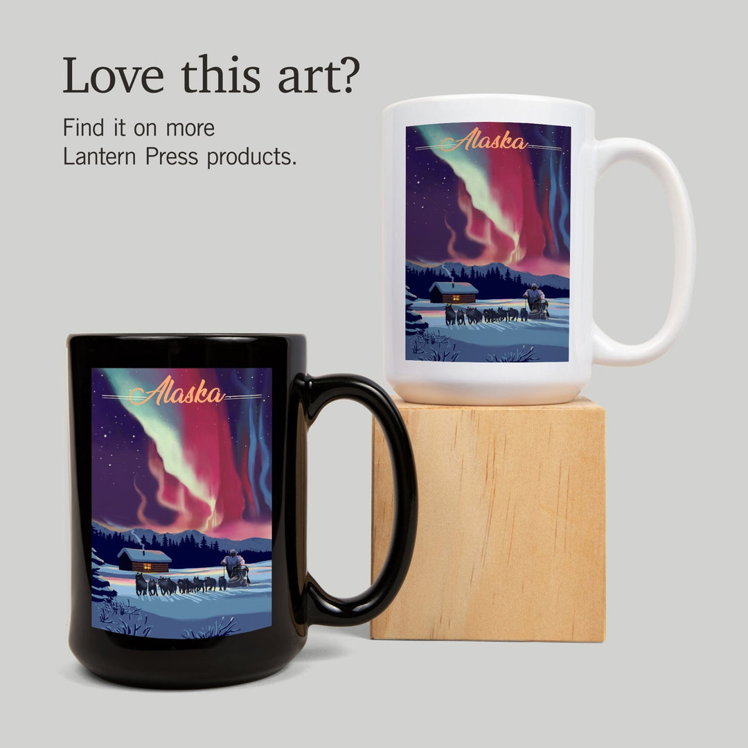 Alaska, Northern Lights & Dogsled, Lantern Press Artwork, Ceramic Mug Mugs Lantern Press 