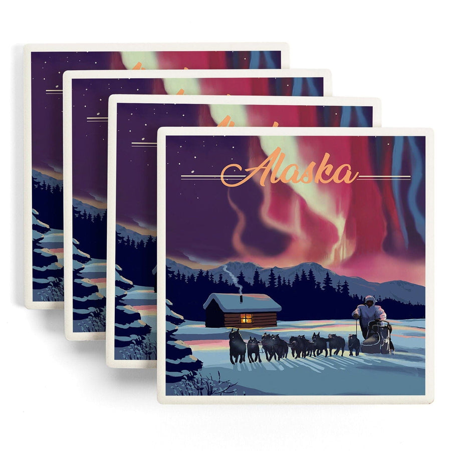 Alaska, Northern Lights & Dogsled, Lantern Press Artwork, Coaster Set Coasters Lantern Press 