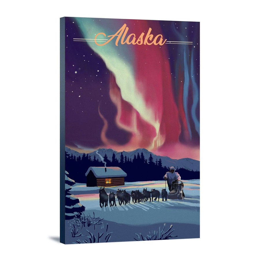 Alaska, Northern Lights & Dogsled, Lantern Press Artwork, Stretched Canvas Canvas Lantern Press 