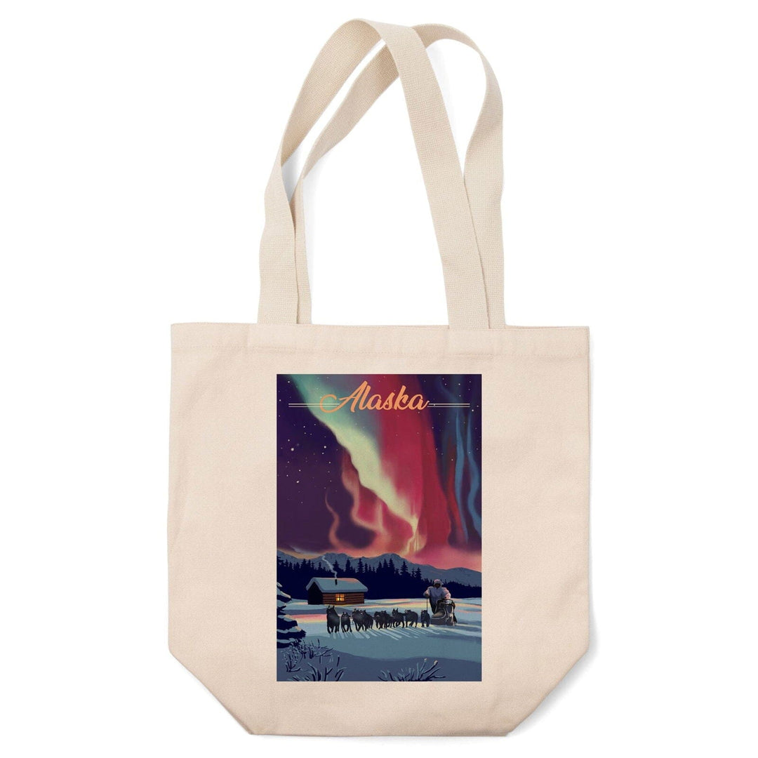 Alaska, Northern Lights & Dogsled, Lantern Press Artwork, Tote Bag Totes Lantern Press 