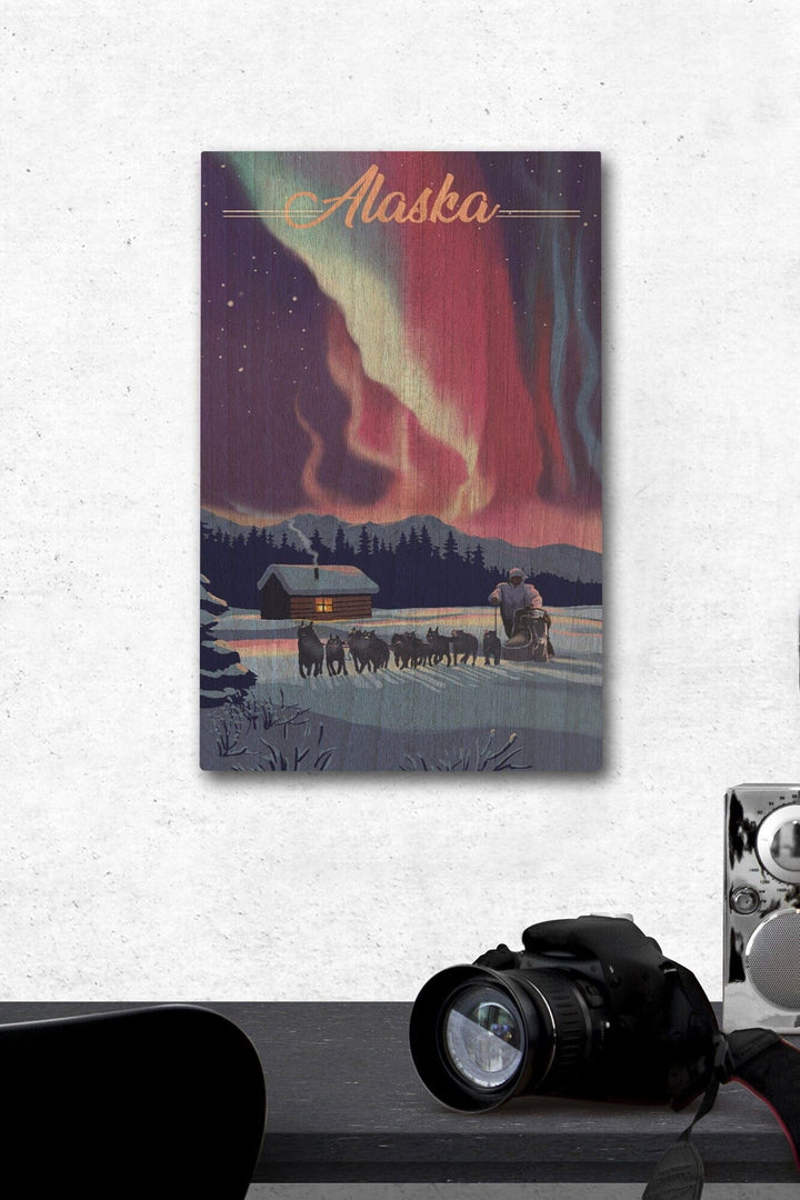 Alaska, Northern Lights & Dogsled, Lantern Press Artwork, Wood Signs and Postcards Wood Lantern Press 12 x 18 Wood Gallery Print 