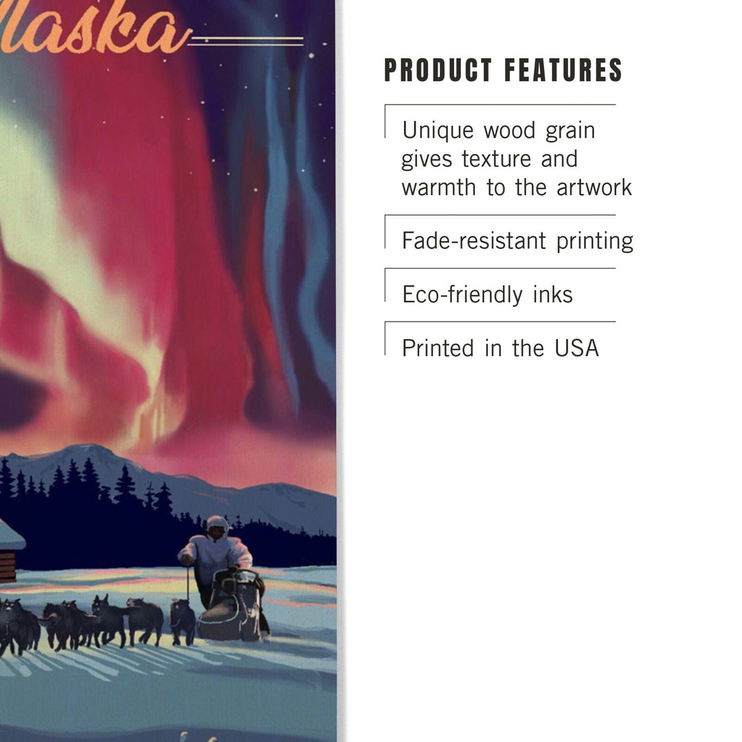 Alaska, Northern Lights & Dogsled, Lantern Press Artwork, Wood Signs and Postcards Wood Lantern Press 