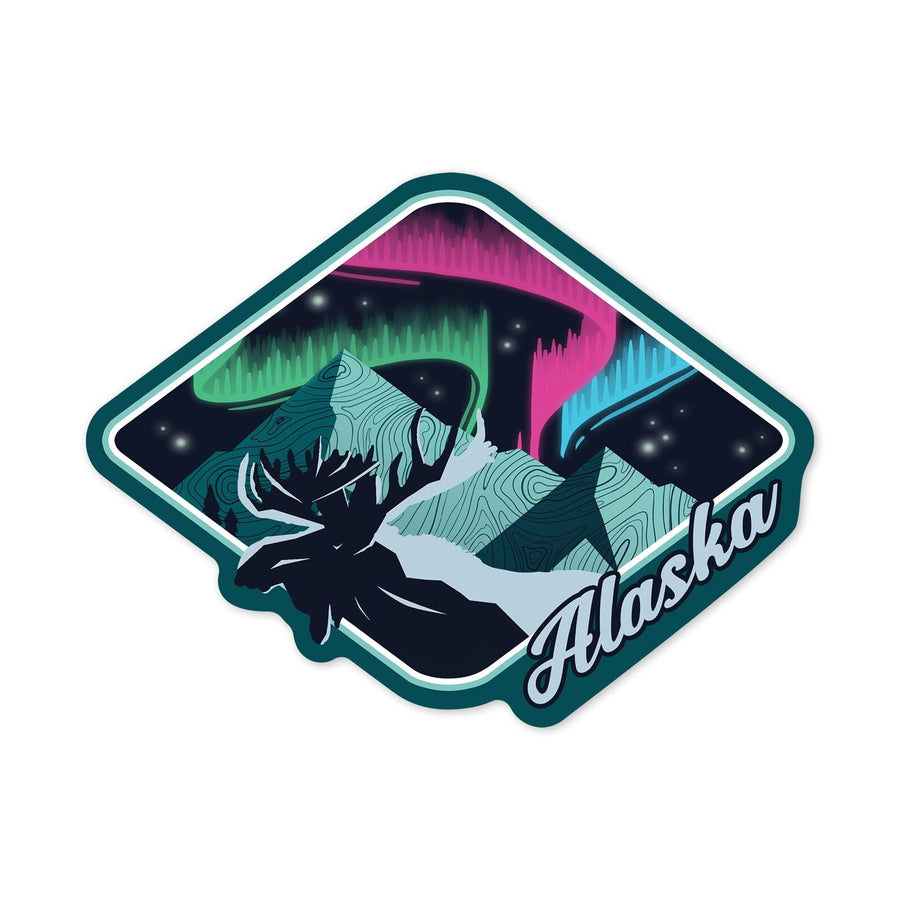 Alaska, Northern Lights, Mountains, Moose, Vector, Contour, Vinyl Sticker Sticker Lantern Press 