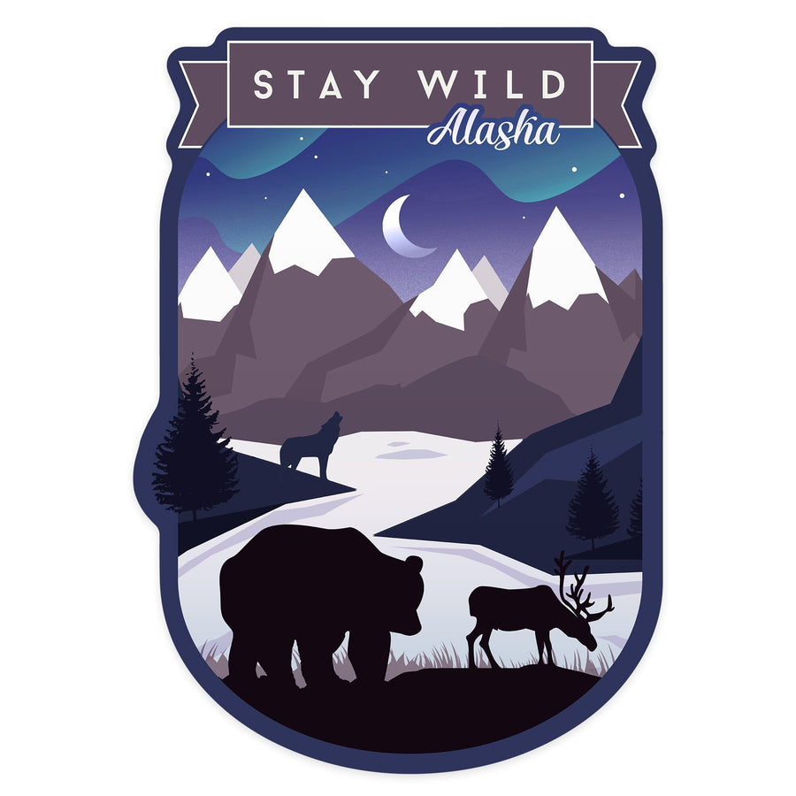 Alaska, Northern Lights, Night Scene, Stay Wild, Bear & Mountain Silhouette, Contour, Lantern Press Artwork, Vinyl Sticker Sticker Lantern Press 