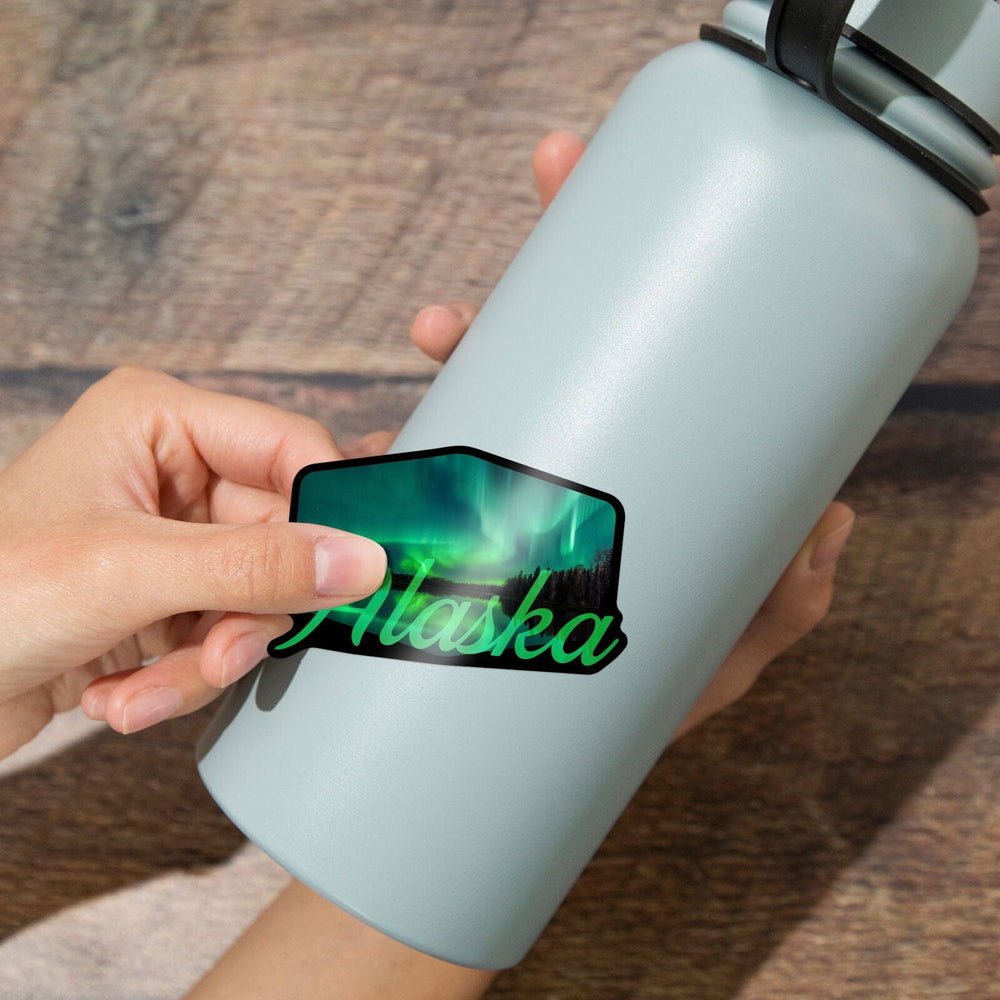 Alaska, Northern Lights over Lake, Contour, Vinyl Sticker Sticker Lantern Press 
