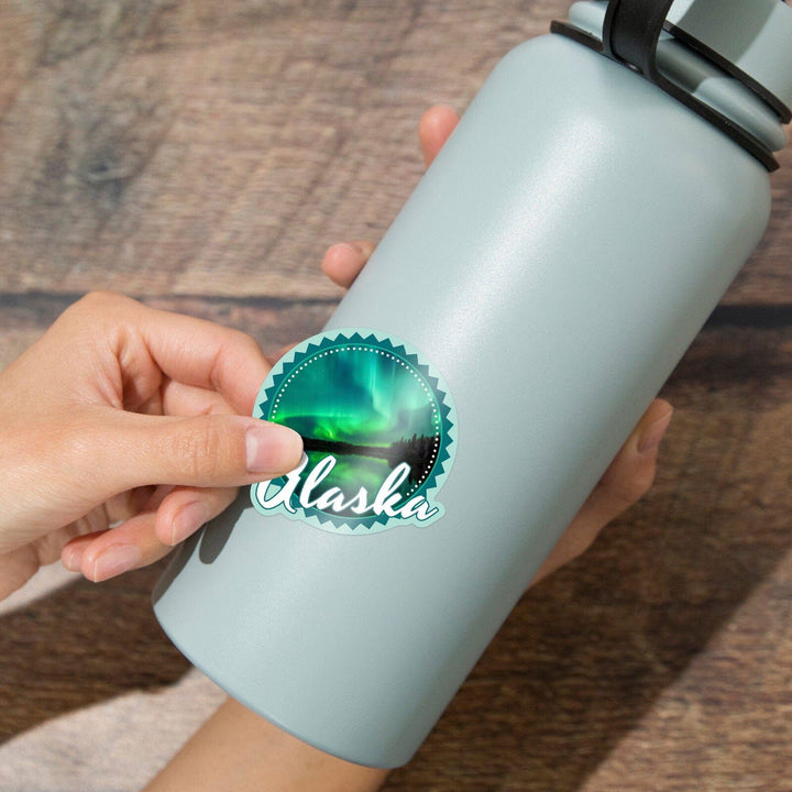 Alaska, Northern Lights over Lake, Contour, Vinyl Sticker Sticker Lantern Press 