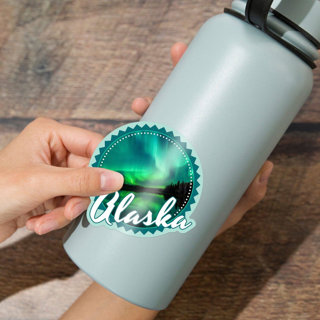 Alaska, Northern Lights over Lake, Contour, Vinyl Sticker Sticker Lantern Press 