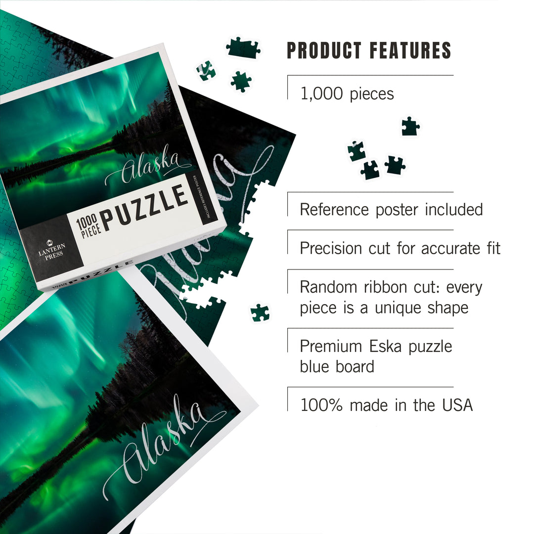 Alaska, Northern Lights Over Lake, Jigsaw Puzzle Puzzle Lantern Press 