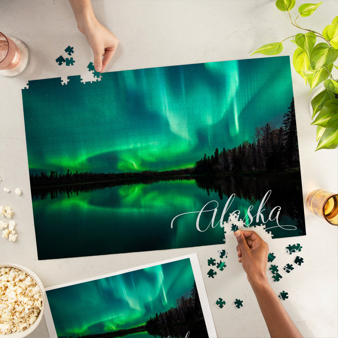 Alaska, Northern Lights Over Lake, Jigsaw Puzzle Puzzle Lantern Press 